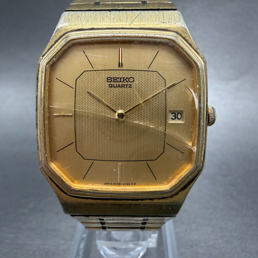 Seiko Watch Men 29mm Champagne Dial Gold Tone Date Octagon 6439-5039 New Batt 760