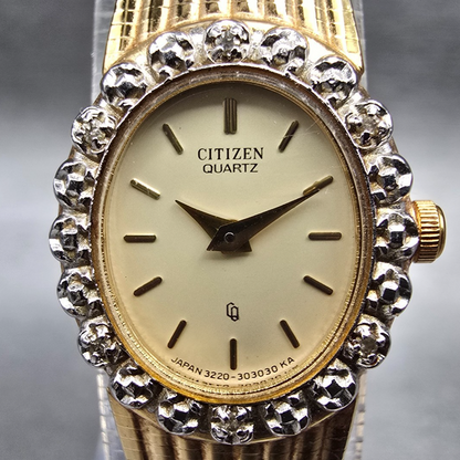 Citizen CQ Watch Women 17mm Champagne Dial Gold Tone Gemmed 3220 New Battery JP21