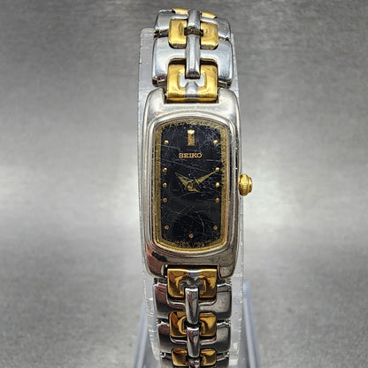 Seiko Watch Women 14mm Black Dial Two Tone Rectangle 2E20-7289 New Battery