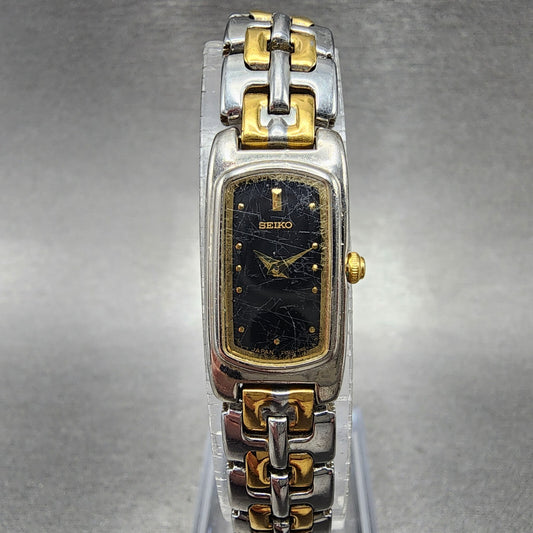 Seiko Watch Women 14mm Black Dial Two Tone Rectangle 2E20-7289 New Battery