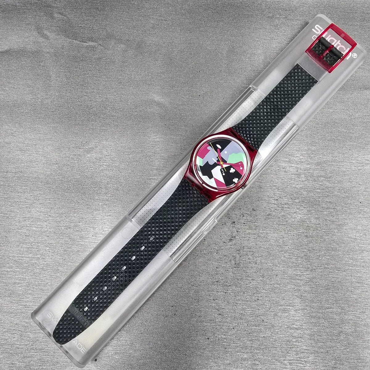 Swatch Hot Rap Watch Men 34mm Black Dial Red Case GR113 New Battery NOS17