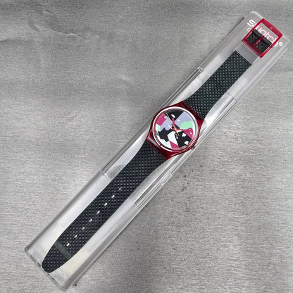 Swatch Hot Rap Watch Men 34mm Black Dial Red Case GR113 New Battery NOS17