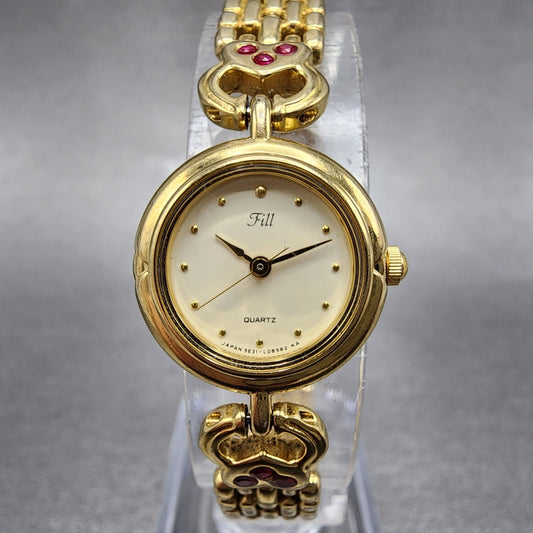 Vega Fill Watch Women 19mm Cream Dial Gold Tone Round Red Gems New Battery0
