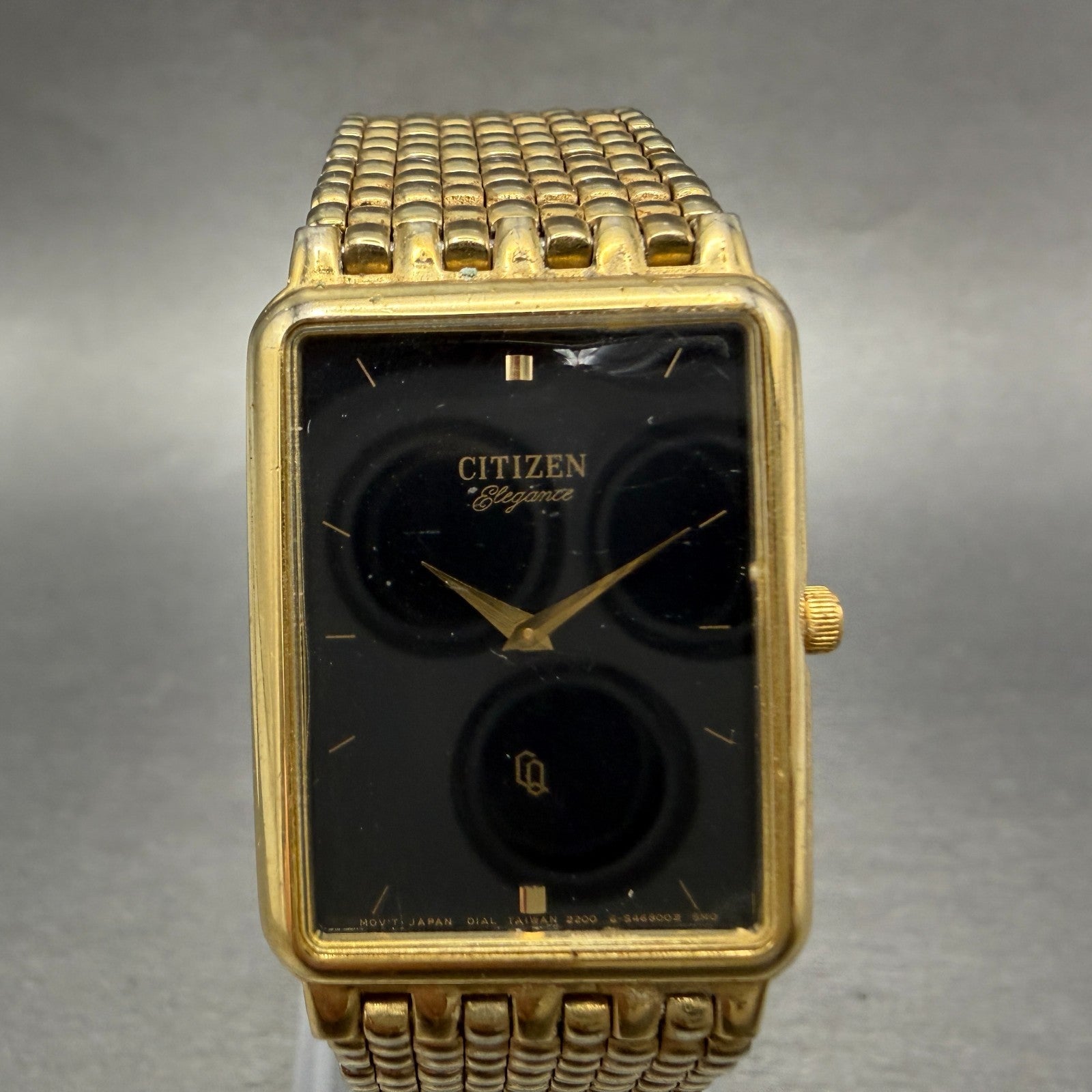 Citizen CQ Tank Watch Men 22mm Black Dial Gold Tone 2200-S12843 New Battery VTG0