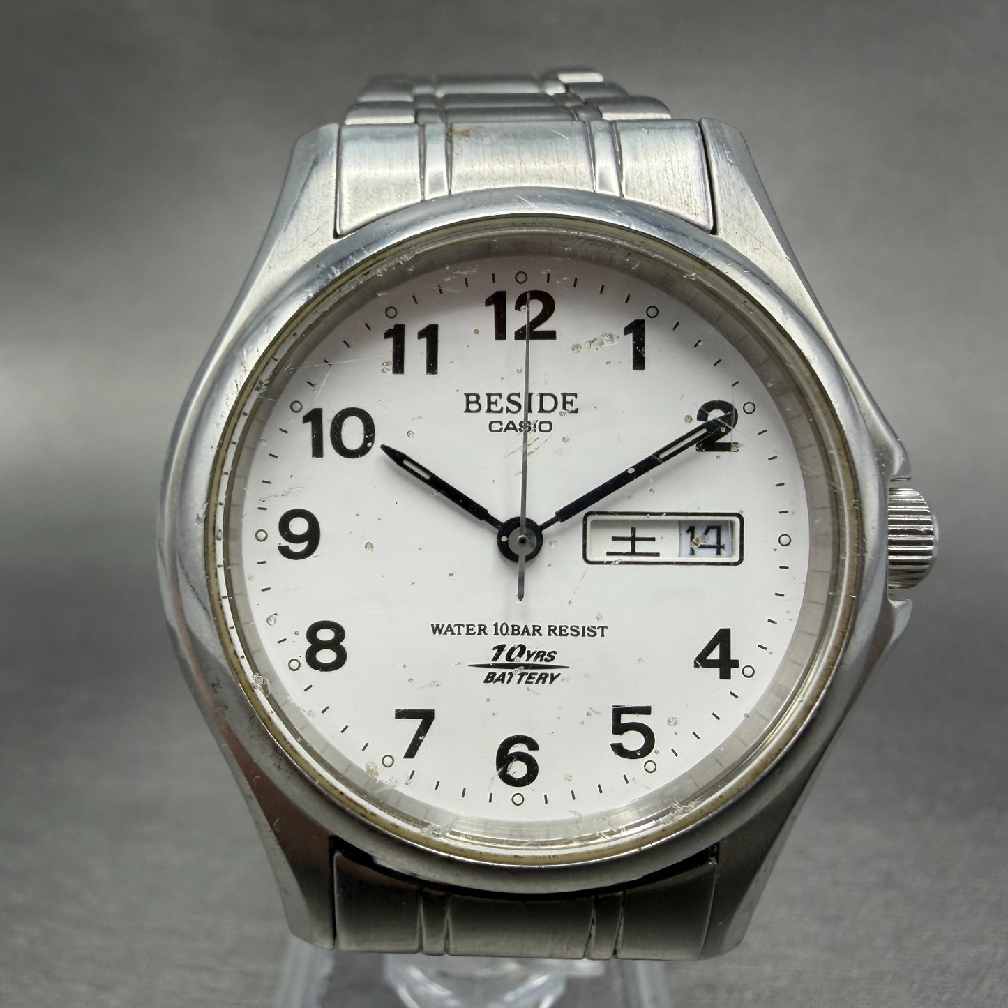 Casio Beside Watch Men 35mm Silver Dial Steel Daydate Round BES-105 New BatteryA0