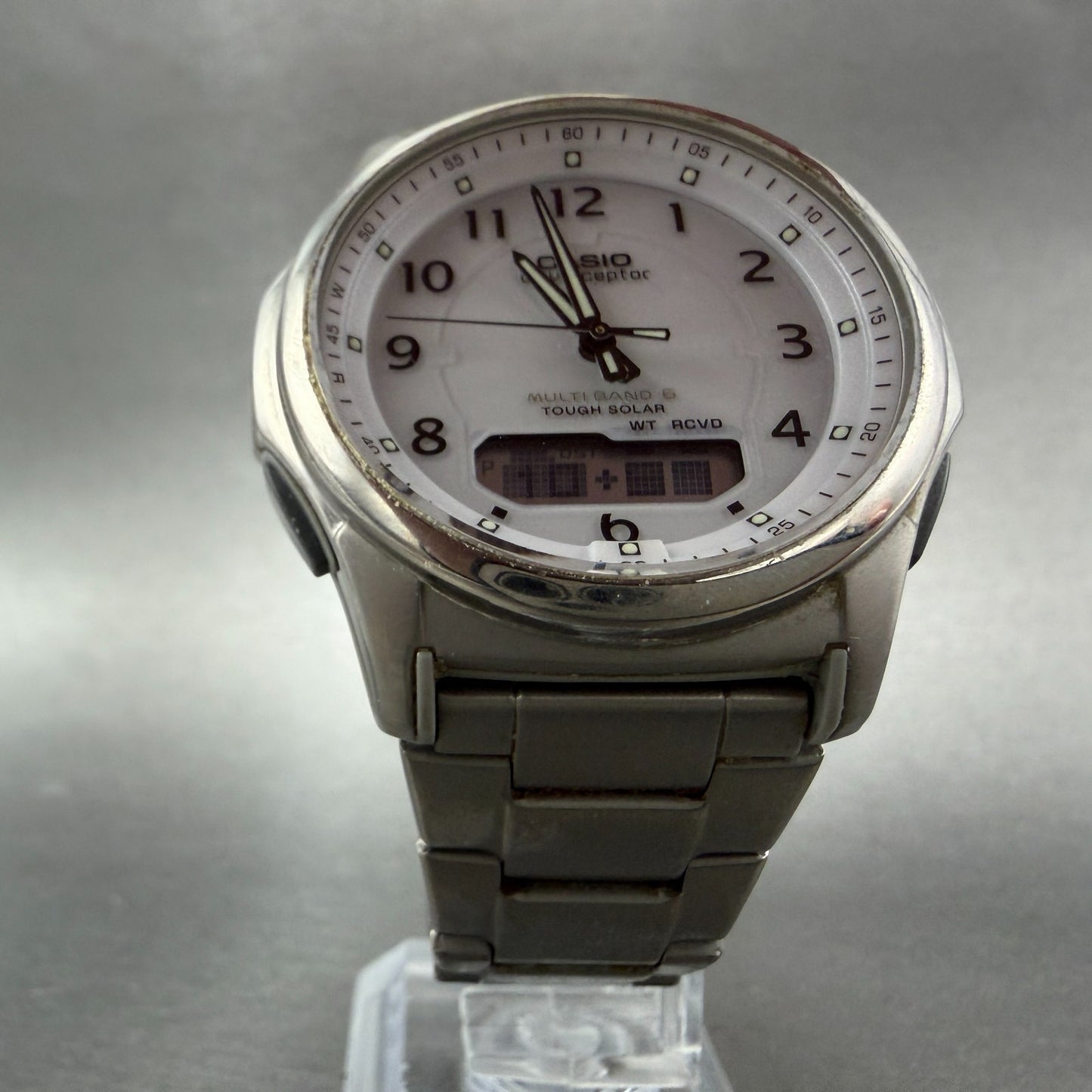 Casio Wave Ceptor Watch Men 42mm White Dial Titianium Solar Analog Digital Works5