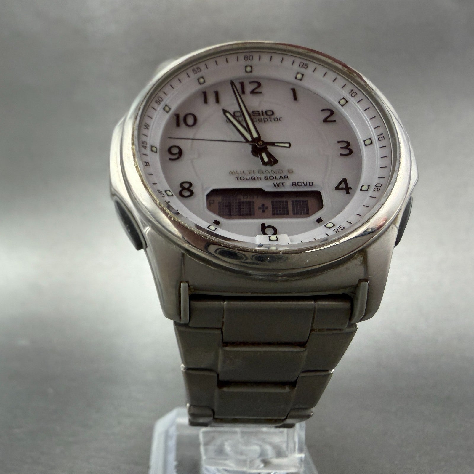 Casio Wave Ceptor Watch Men 42mm White Dial Titianium Solar Analog Digital Works5