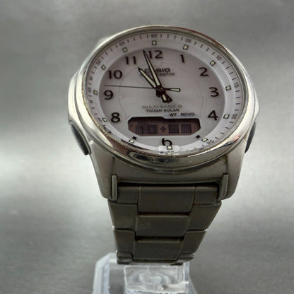 Casio Wave Ceptor Watch Men 42mm White Dial Titianium Solar Analog Digital Works5