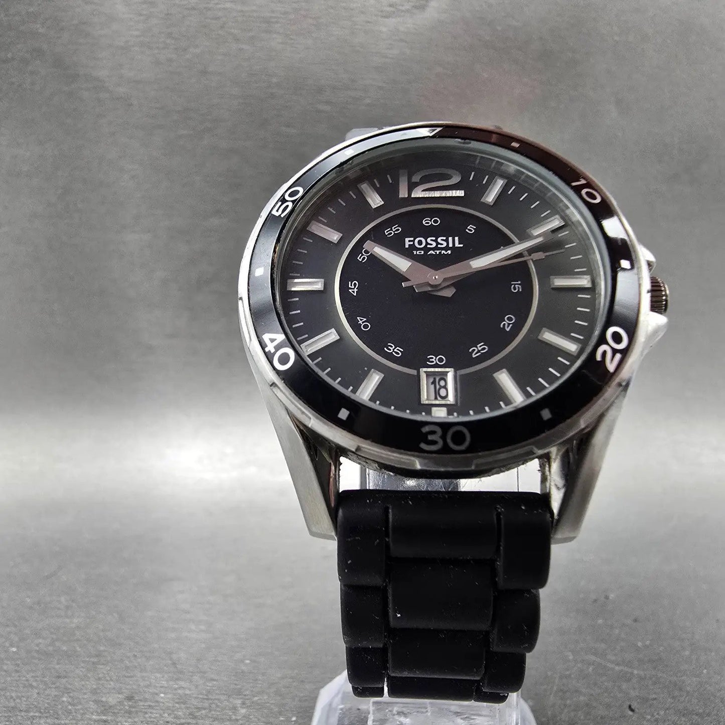 Fossil Dive Watch Men 38mm Black Dial Silver Tone Date Round AM-4264 New Battery5