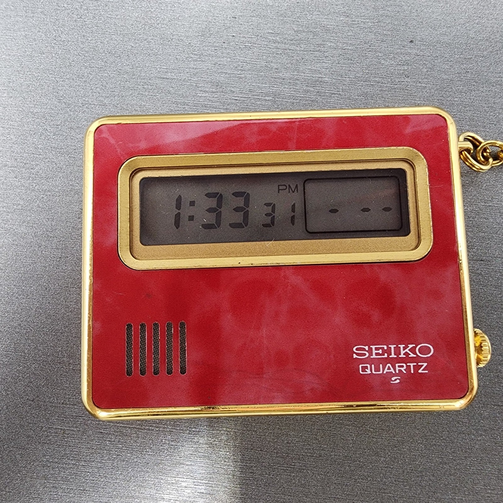 Seiko Travel Alarm Clock Digital 61mm Red Gold Tone 7412803Q New Batteyr0