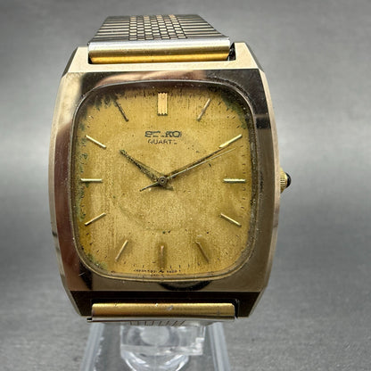 Seiko Tank Watch Men 30mm Gold Dial Gold Tone Rectangle 5931-5341 New Battery0