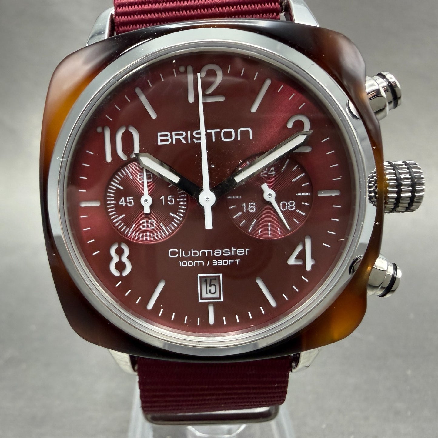 Briston Clubmaster Chronograph Watch Men 39mm Red Dial Brown Tone Date New Batt0