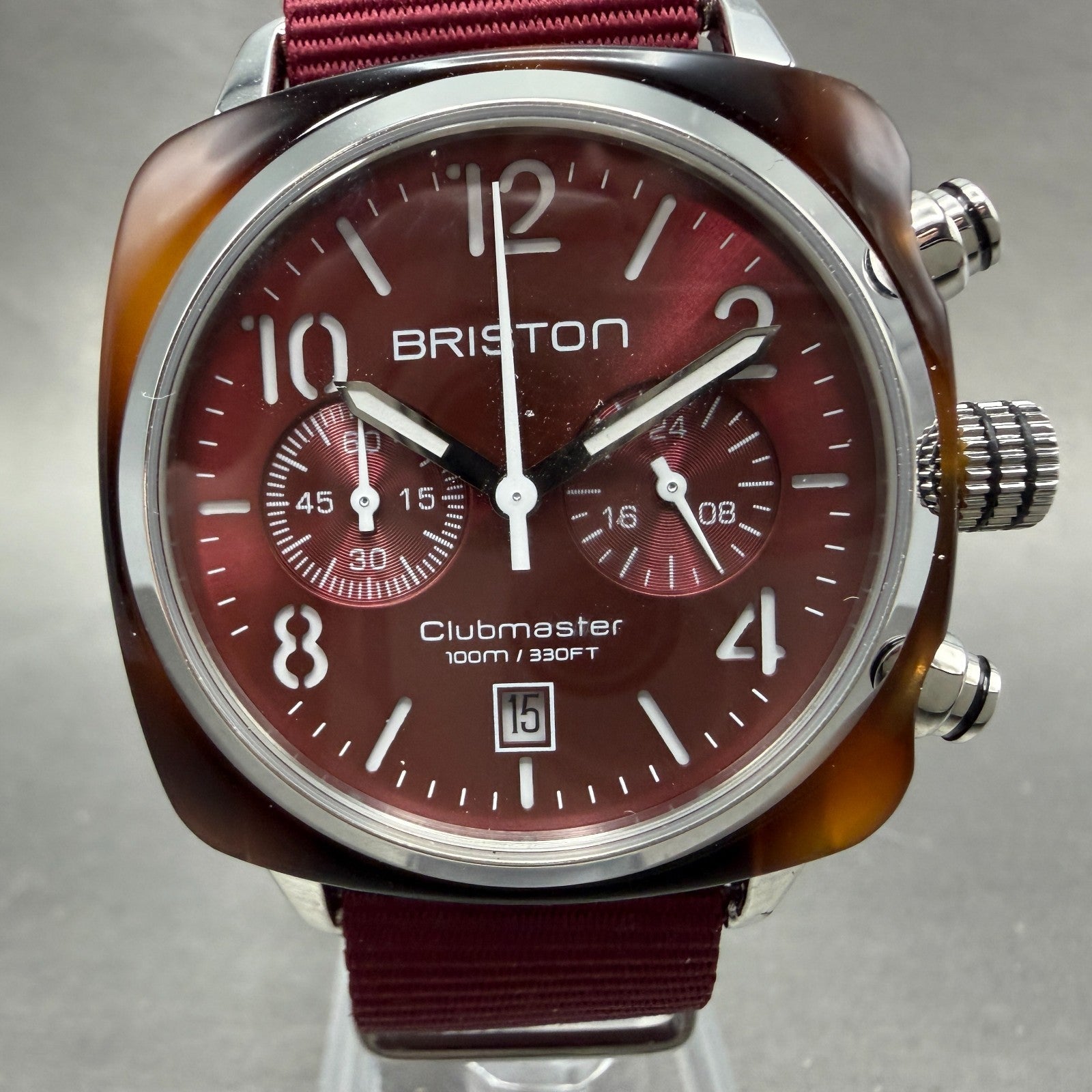 Briston Clubmaster Chronograph Watch Men 39mm Red Dial Brown Tone Date New Batt0