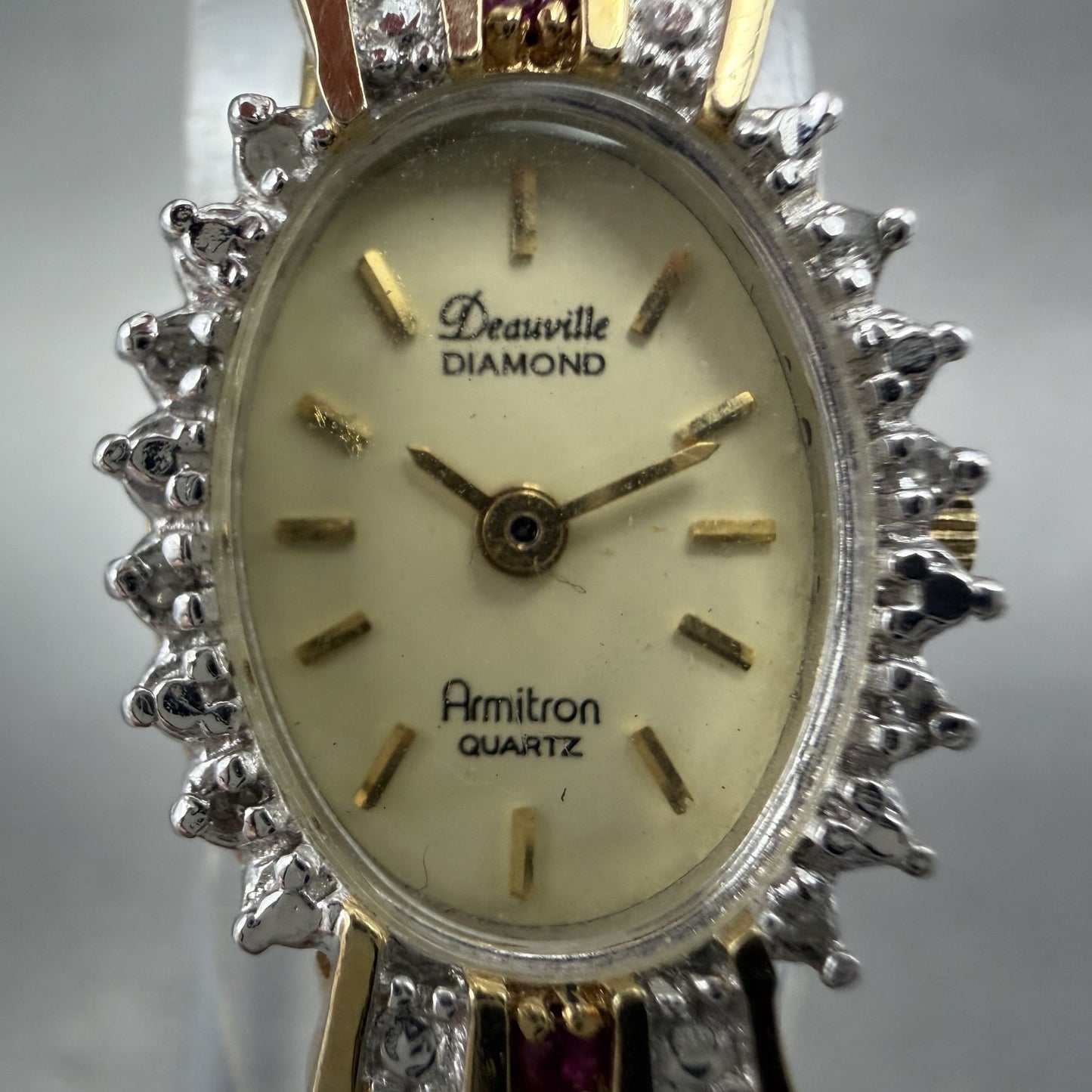 Armitron Deauville Diamond Watch Women 15mm Gold Dial Gold Ruby Oval New Battery1