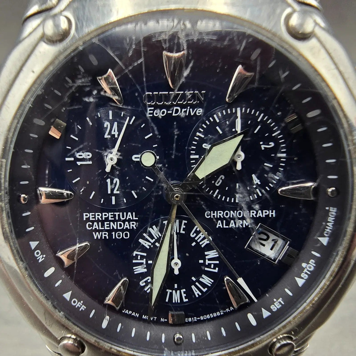 Citizen Eco-Drive Chrono Watch Men 39mm Blue Dial Silver Perpetual Calendar E8121