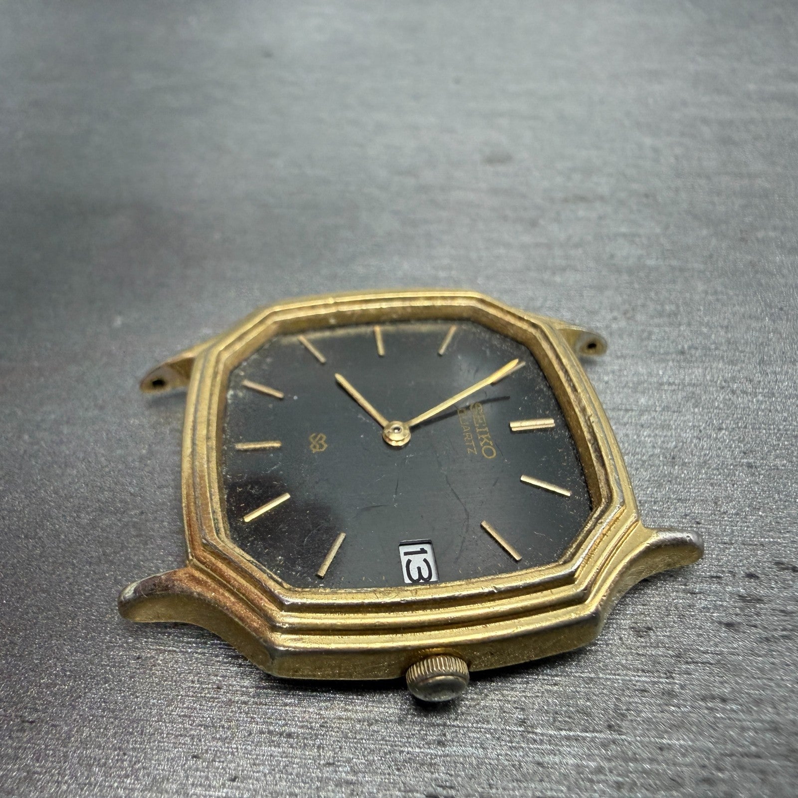 Seiko SQ Watch Men 31mm Black Dial Gold Tone Octagon Date 8222 PARTS Vintage6