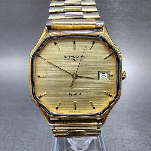 Wittnauer QWR Watch Men 33mm Champagne Dial Gold Tone Octagon Date 0255 PARTS0