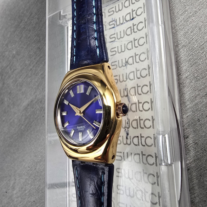 Swatch Irony Jenaye Watch Women 24mm Blue Dial Gold Tone Round YSG105C New Batt3