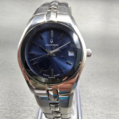 Bulova Accutron Watch Women 24mm Blue Dial Silver Tone Date 26M04 New Battery0