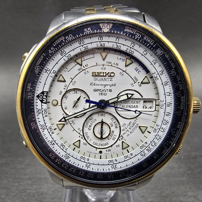 Seiko Sports 150 Chronograph Watch Men 44mm White Dial Two Tone 6M23-7000 PARTS!0
