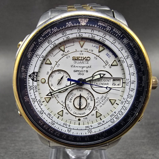 Seiko Sports 150 Chronograph Watch Men 44mm White Dial Two Tone 6M23-7000 PARTS!0