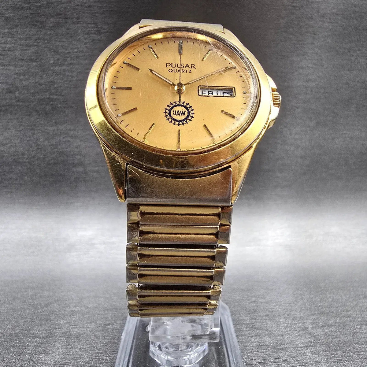 Seiko Pulsar Watch Men 36mm Gold Dial Gold Daydate Round V533-7A90 New Batt VTG5