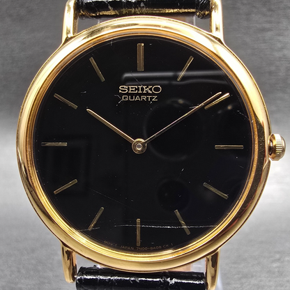 Seiko Watch Men 34mm Black Dial Gold Tone Round 7N00-8A00 New Battery Vintage1