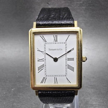 Tiffany & Co Watch Men 24mm White Dial 14K Gold Rectangle New Battery0