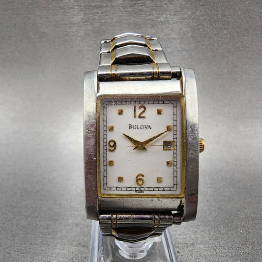 Bulova Tank Watch Men 27mm White Dial Two Tone Date Rectangle 98G85 New Battery