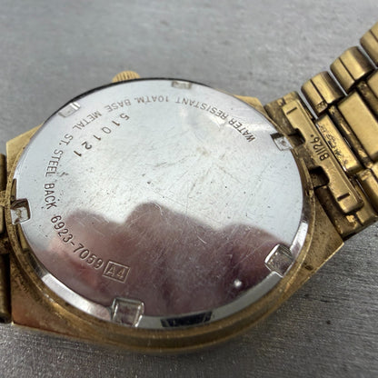 Seiko SQ 100 Watch Men 34mm Champagne Dial Gold Tone Daydate 6923-7059 New Batt10