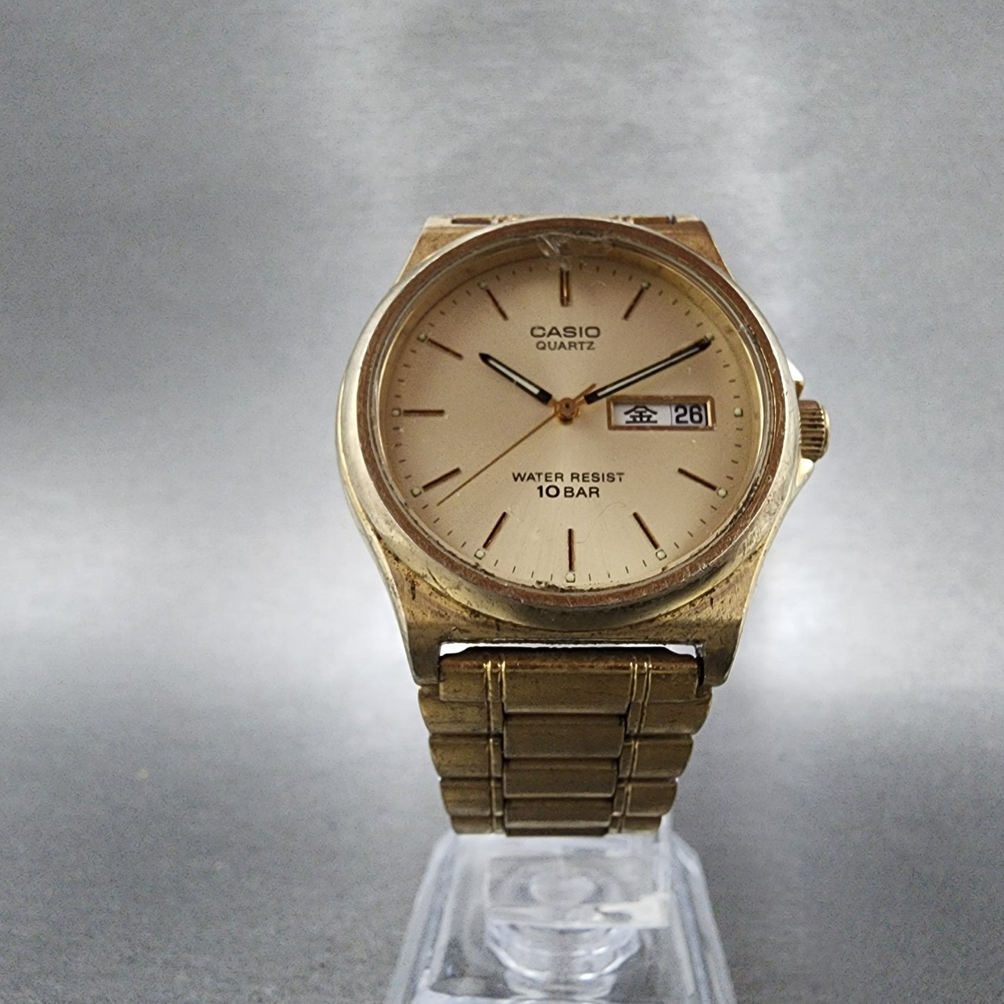 Casio Watch Men 35mm Champagne Dial Gold Daydate Round MMW82 New Battery5