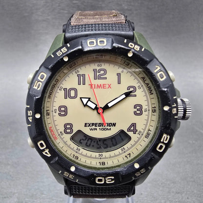 Timex Expedition Watch Men 40mm Cream Dial Green Alarm Chronograph New Battery0