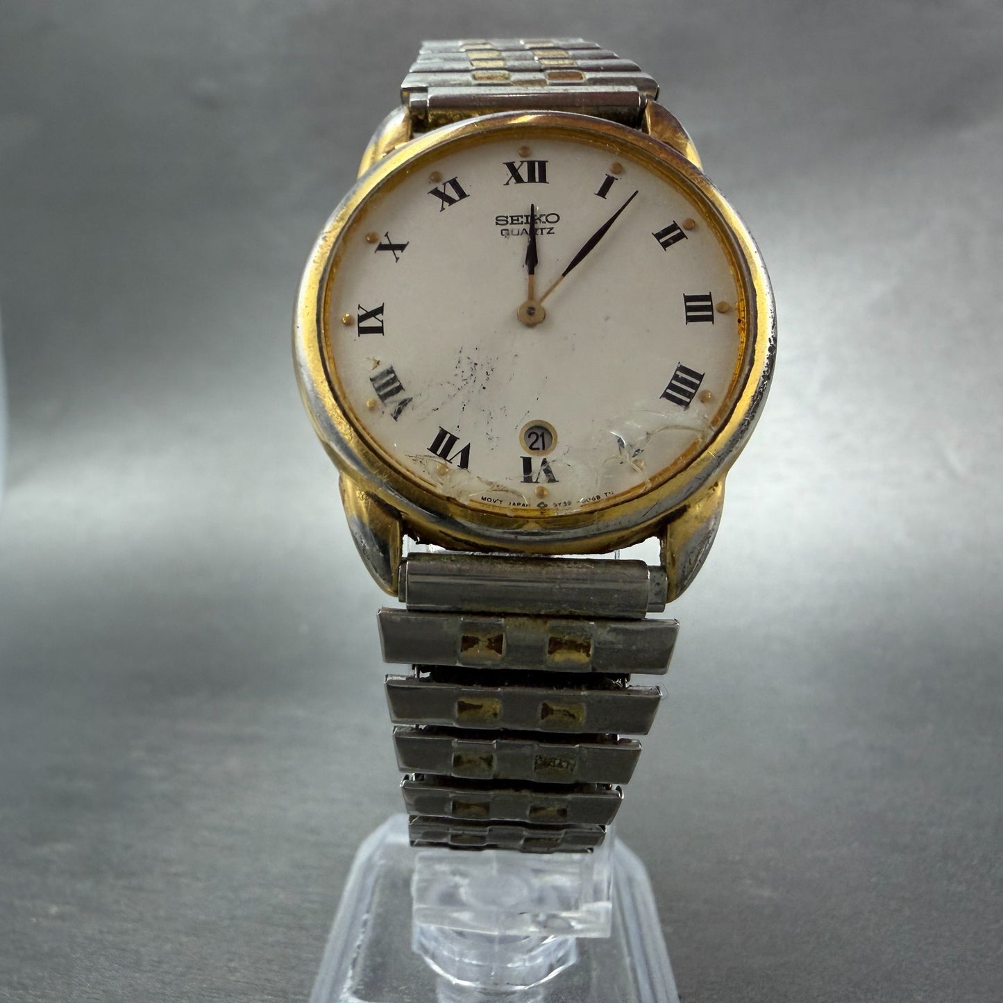 Seiko Watch Men 34mm White Dial Gold Tone Date Round 5Y39-8059 PARTS6
