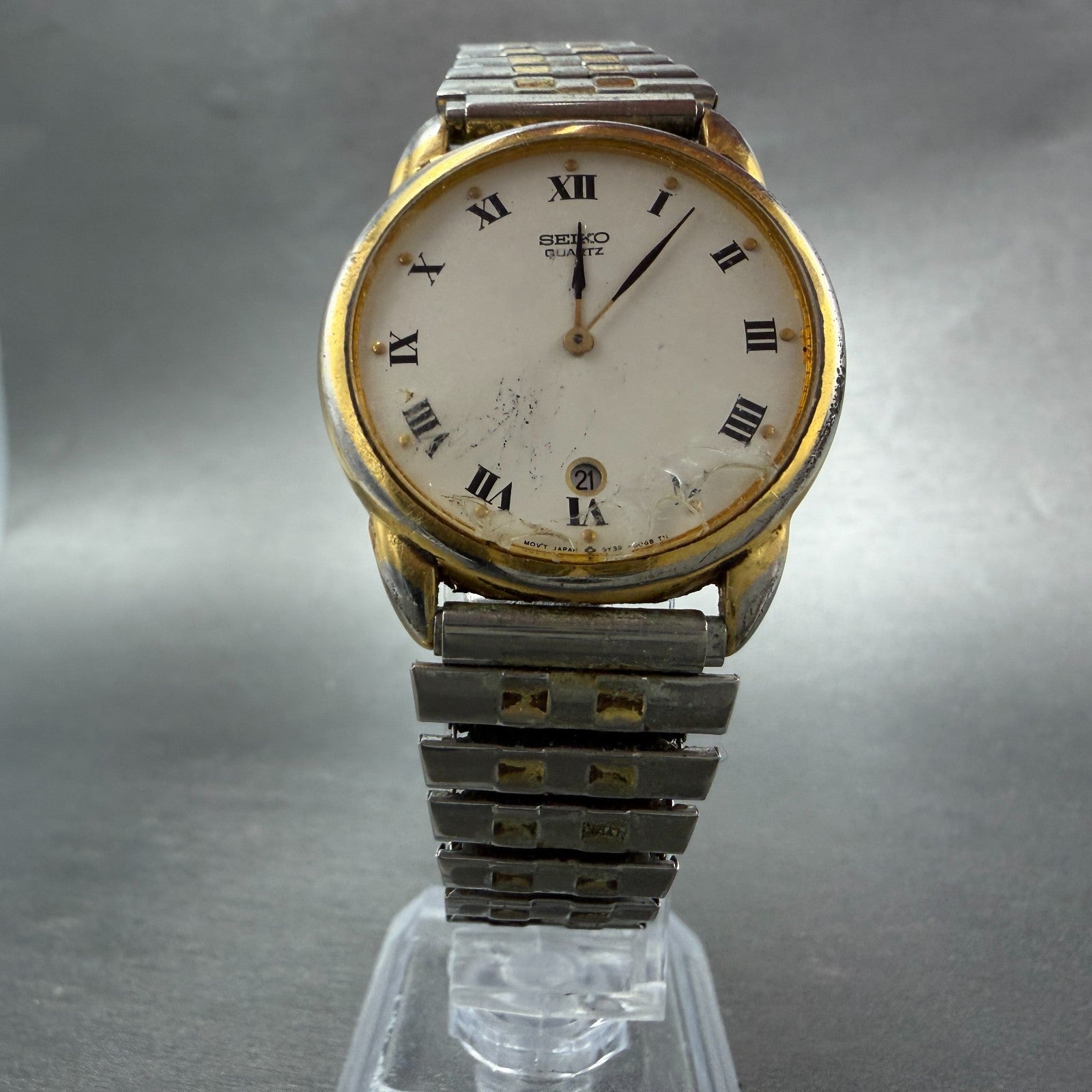 Seiko Watch Men 34mm White Dial Gold Tone Date Round 5Y39-8059 PARTS6