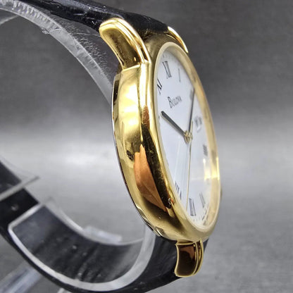 Bulova Watch Men 34mm White Dial Gold Date Round 97B13 Leather New Battery3