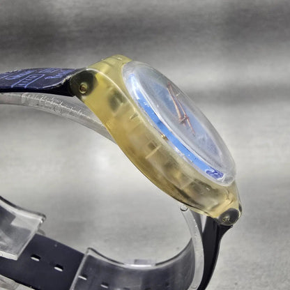Swatch TITI PARISIEN Watch Unisex 34mm Blue Dial Clear Case GK276 New Battery3