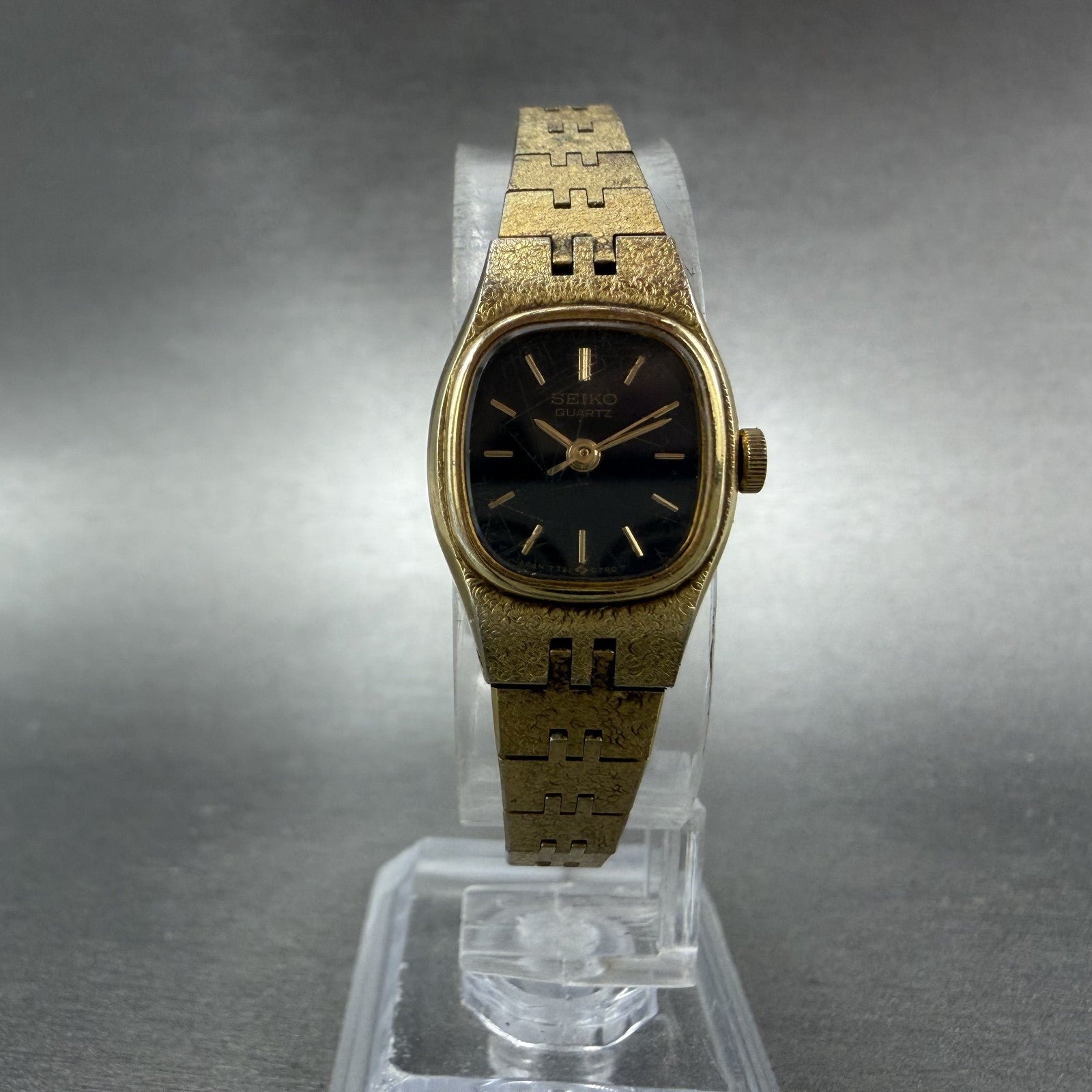 Seiko Watch Women 17mm Black Dial Gold Tone Rectangle 7321-5399 New Battery BCD5