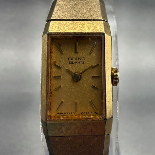 Seiko Watch Women 12mm Gold Dial Gold Tone Rectangle 2E20-5029 New Battery0
