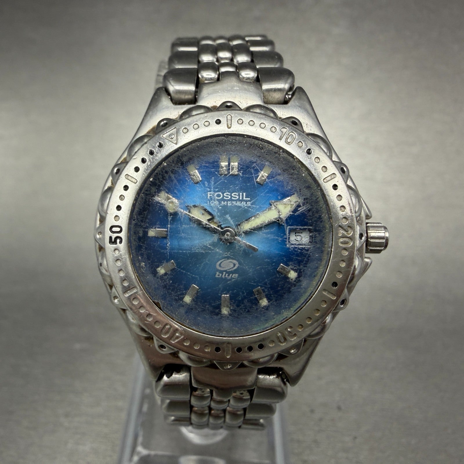 Fossil Blue Dive Watch Women 29mm Blue Dial Silver Tone Date Round AM3581 Newbat0