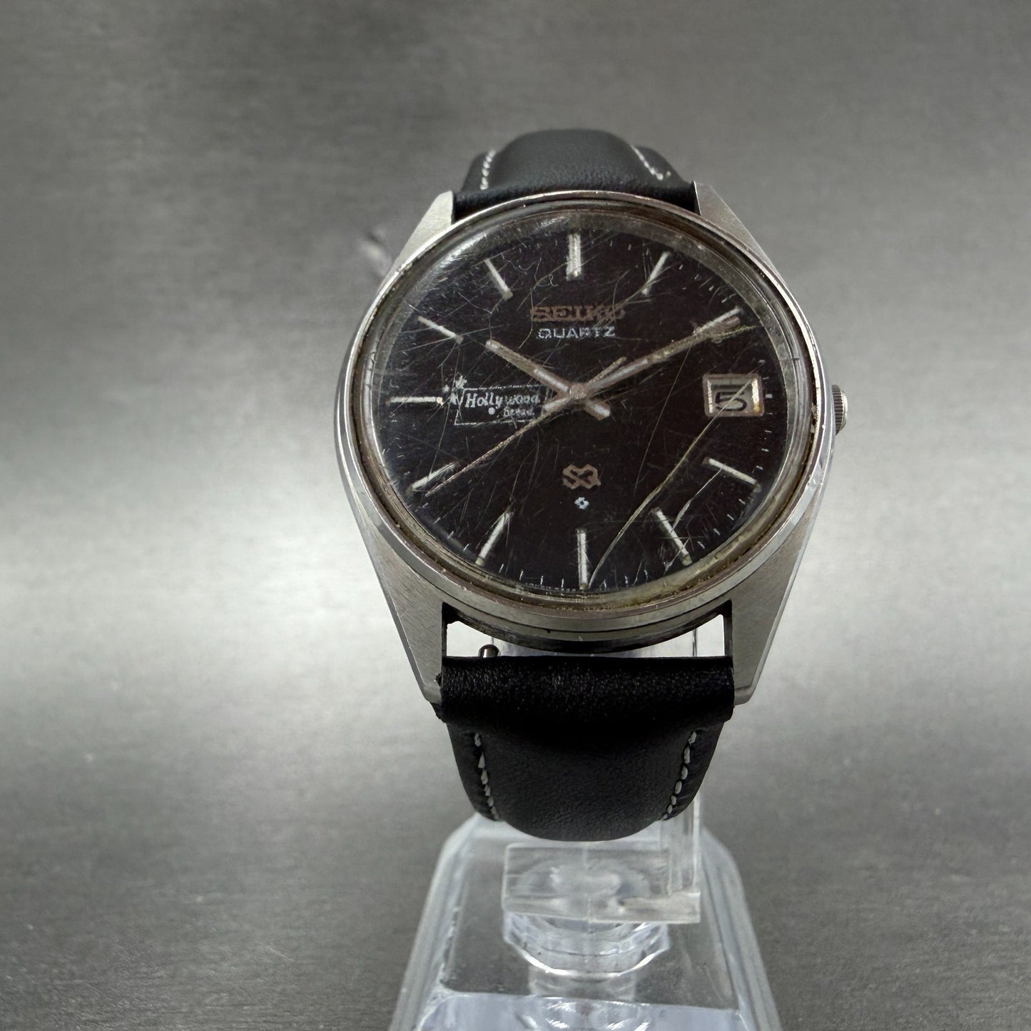 Seiko SQ Watch Men 34mm Black Dial Silver Tone Date 8222-7009 New Battery VTG5