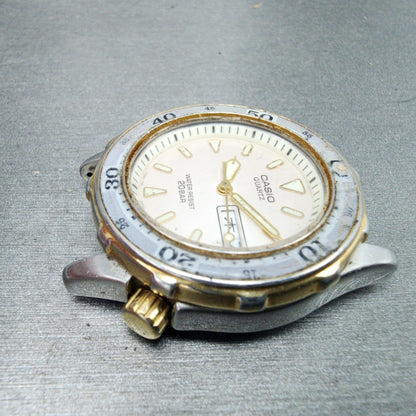 Casio Dive Watch Men 36mm White Dial Two Tone Daydate Round MD715 PARTS6