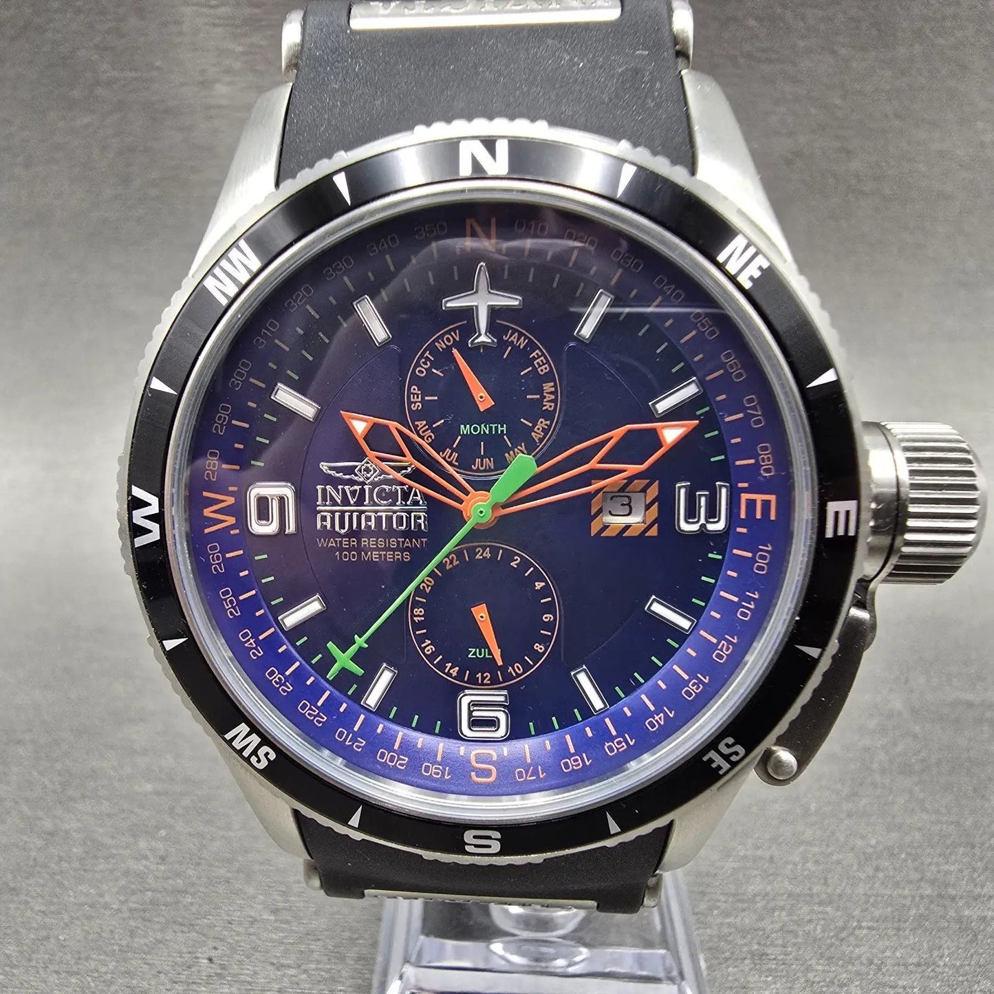 Invicta Aviator GMT Watch Men 48mm Blue Dial Steel Date Month 1751 New Battery1