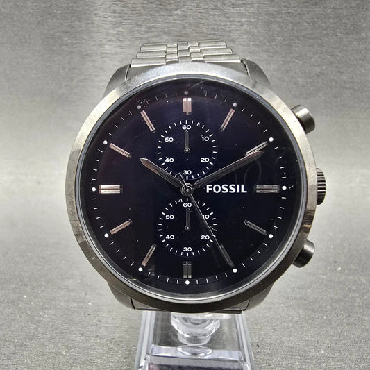 Fossil Chronograph Watch Men 48mm Blue Dial Gray Tone Round FS4786 New Battery0