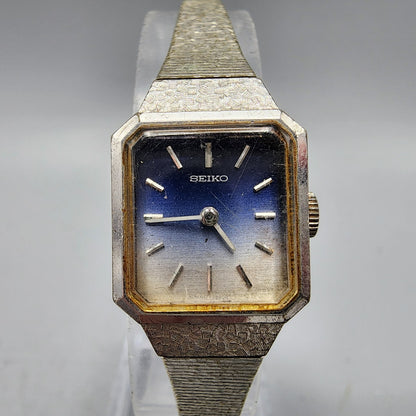 Seiko Watch Women Silver Tone Blue&White Dial Manual Wind 18mm Rectangle Runs