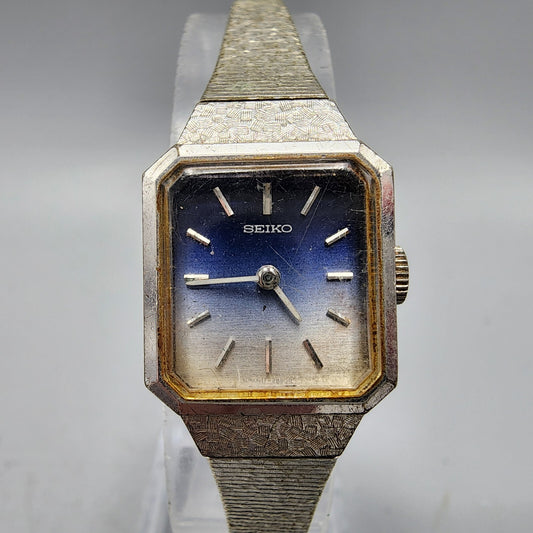 Seiko Watch Women Silver Tone Blue&White Dial Manual Wind 18mm Rectangle Runs
