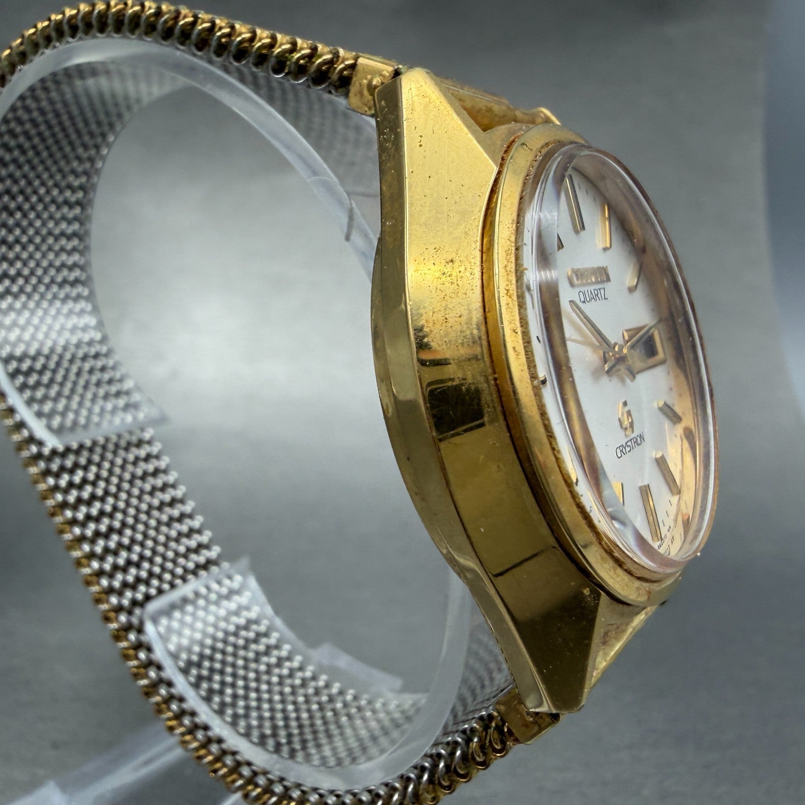 Citizen CQ Crystron Watch Men 38mm Silver Dial Gold Tone Daydate 4-860250 NewBat3