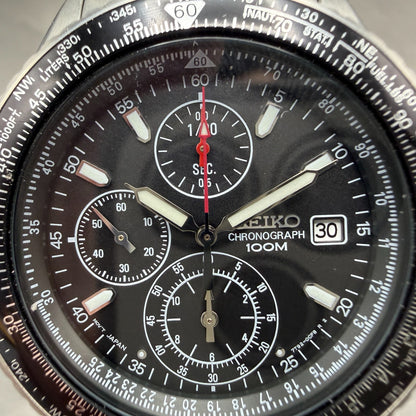 Seiko Flightmaster Chronograph Watch Men 40mm Black dial Steel Date New Battery1