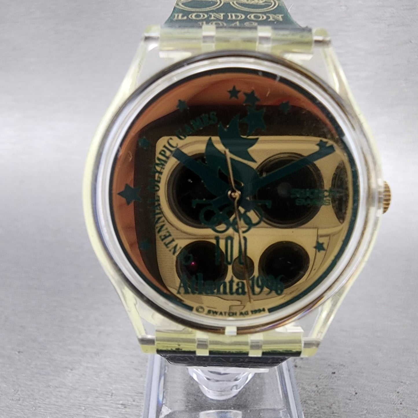Swatch Olympics 1996 Watch Men 34mm Gold Dial Clear Round GZ136 New Battery1