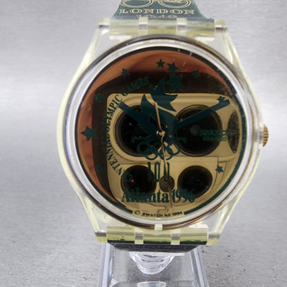 Swatch Olympics 1996 Watch Men 34mm Gold Dial Clear Round GZ136 New Battery1