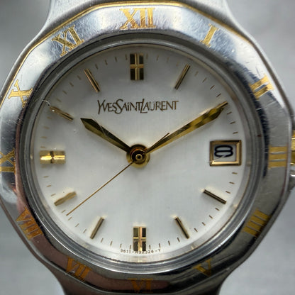 Yves Saint Laurent Watch Women 25mm White dial Two Tone Date 9613-H18644 New Bat1